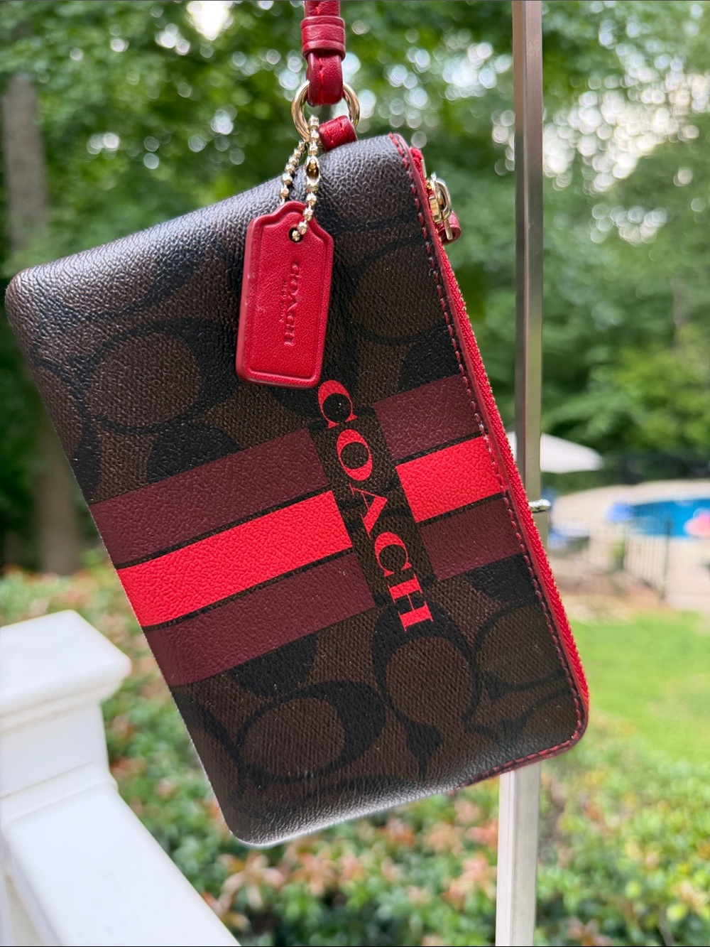 COACH Signature Stripe Zip Wristlet in Brown and Red - Picture 6 of 16